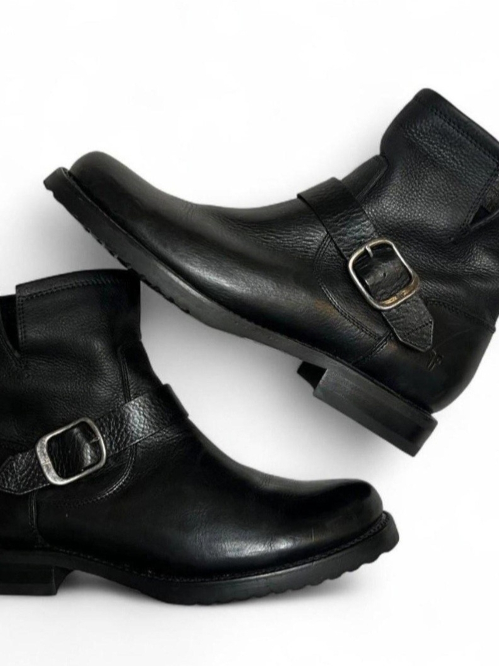 Women's Black Leather Moto Boots with Buckle Strap